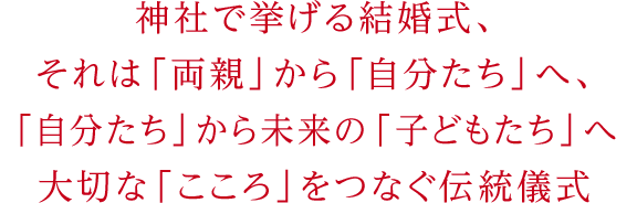 神社で挙げる結婚式、それは「両親」から「自分たち」へ、「自分たち」から未来の「子どもたち」へ大切な「こころ」をつなぐ伝統儀式